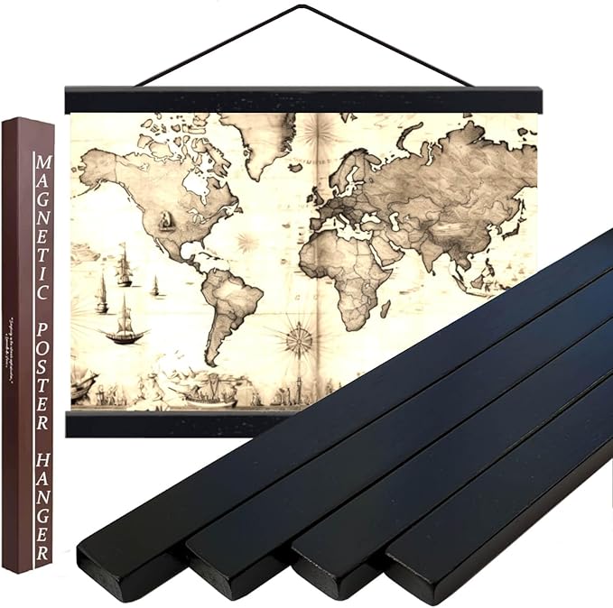 DACRI HOME 52" Magnetic Poster Hanger Frame - Sturdy Teak Wood Poster Frame 52x20 52x32 52x36, Strong Magnets for Easy Hanging Map Picture Canvas Print Scroll Wall Art (52 Inch, Black)