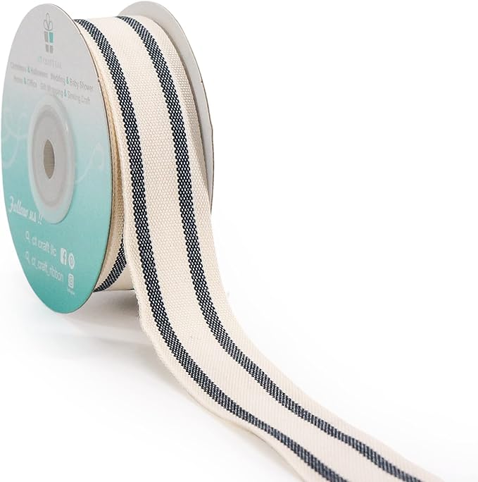 CT CRAFT LLC Ivory Cotton Black Stripes Ribbon 1" x 10 Yards for Home Décor Gift Present Wrapping DIY Crafts Birthday Wedding Bouquet Christmas