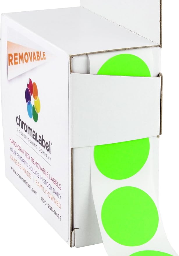 ChromaLabel 1 Inch Round Colored Stickers, High Visibility Removable Color Coding Labels, Easy to Write On Colored Sticker Dots - 1000 Stickers per Dispenser Box, Matte Finish Fluorescent Green