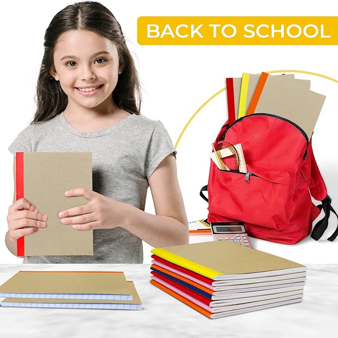 Rosmonde 12 Pack Kraft Journals A5, Extra Pages - 120 Pages (60 Sheets), College Ruled, 8 x 5.7 Small Kraft Notebooks, Rainbow Spines, Kraft Composition Notebook Journals for School Home & Office