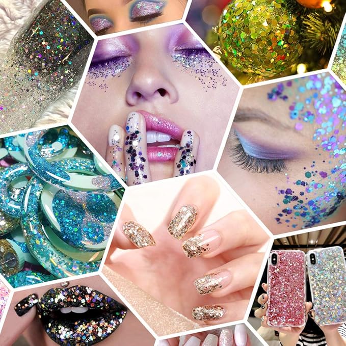 Holographic Chunky Glitter, 5.64oz/160g Extra Fine Glitter Powder Mixed Chunky Flake, Iridescent Sequins Bulk for Nail Art, Crafts Epoxy Resin, Festival Glitter for Party Decor (Dazzling Green)