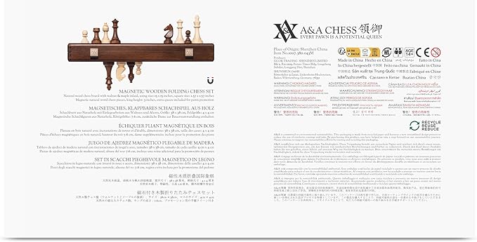 A&A 15" Magnetic Wooden Chess Set, Handmade 3" King Height Knight Staunton Chess Pieces with 2 Extra Queen, Folding Portable Travel Game Set