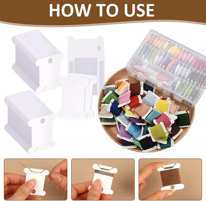 200 PCS Embroidery Floss Bobbins, Plastic Embroidery Floss Organizer, White Sewing Machine Bobbin for Cross Stitch, Thread Holder Sewing Storage for Sewing Thread, Needlework Supplies