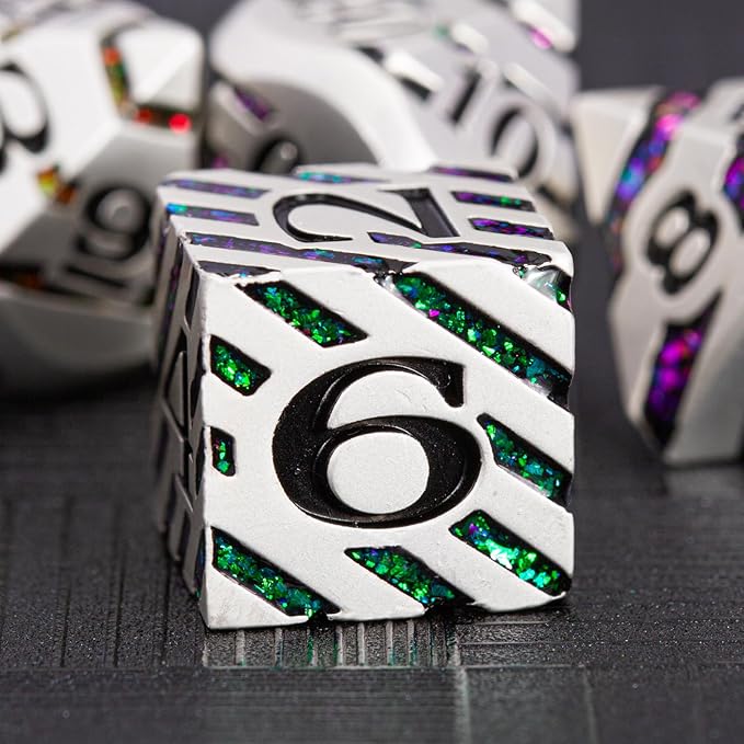 Metallic Stripes Dice with Gift Case, D&D Metal Polyhedral Dice Sets for Tabletop Games (Pearl Silver Seven Colors)