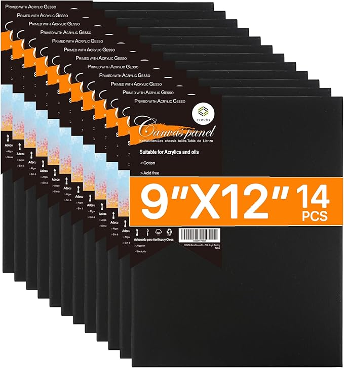 CONDA Black Canvases for Painting 9x12 inch, Pack of 14, 100% Cotton Acid-Free, 8 oz Gesso-Primed, Canvas Panels, Art Boards for Oil & Acrylic Painting