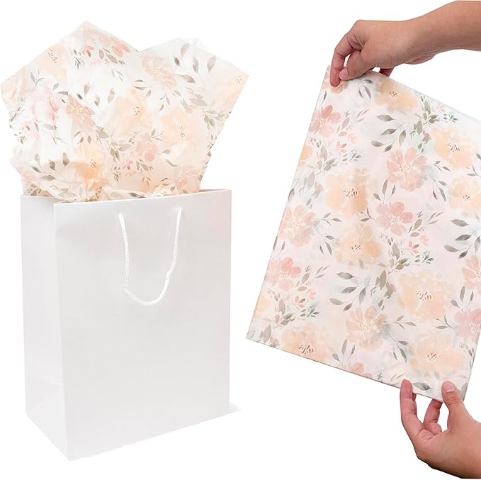 White Floral Tissue Paper for Gift Bags and Packaging, 28 Large Sheets Bulk Pack, White and Pink Flower Pastel, Bridal Wrapping Paper for Wedding or Girl Baby Shower, decoupage, stuffing paper