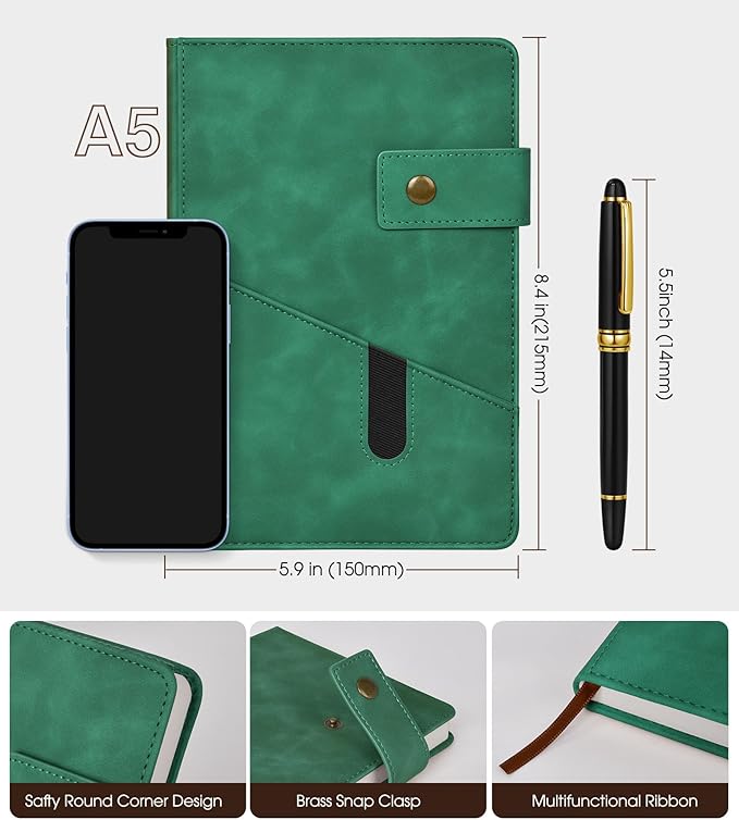 Green A5 Lined Leather Journal Notebook for Men Women,5.9" X 8.4" Personalized Hardcover Journal with Pen,200 Pages 100 Gsm Thick Ruled Paper Daily Diary for School,Travel,Work,Writing