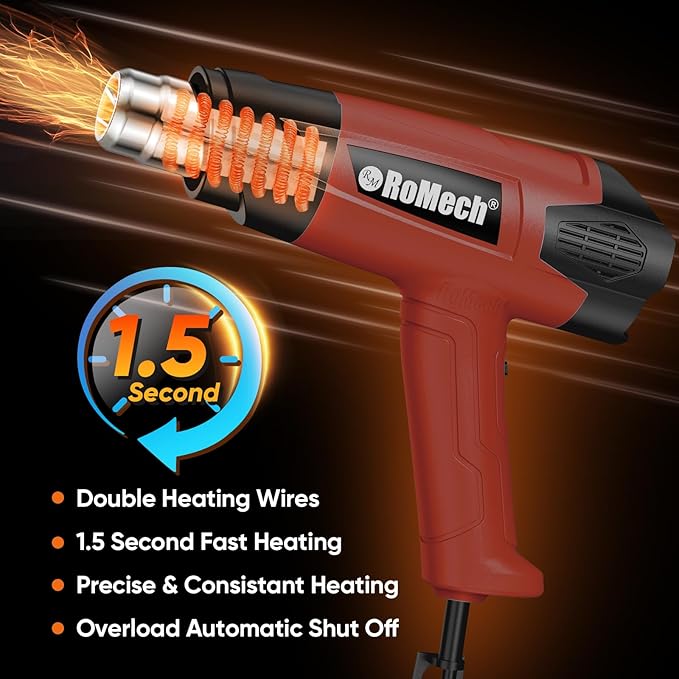 ROMECH 1500W Heavy Duty Heat Gun, Variable Temperature Control Hot Air Gun Kit with 2 Air Flow 120°F~1200°F and 4 Nozzles for Crafts Shrink Wrap (Red)