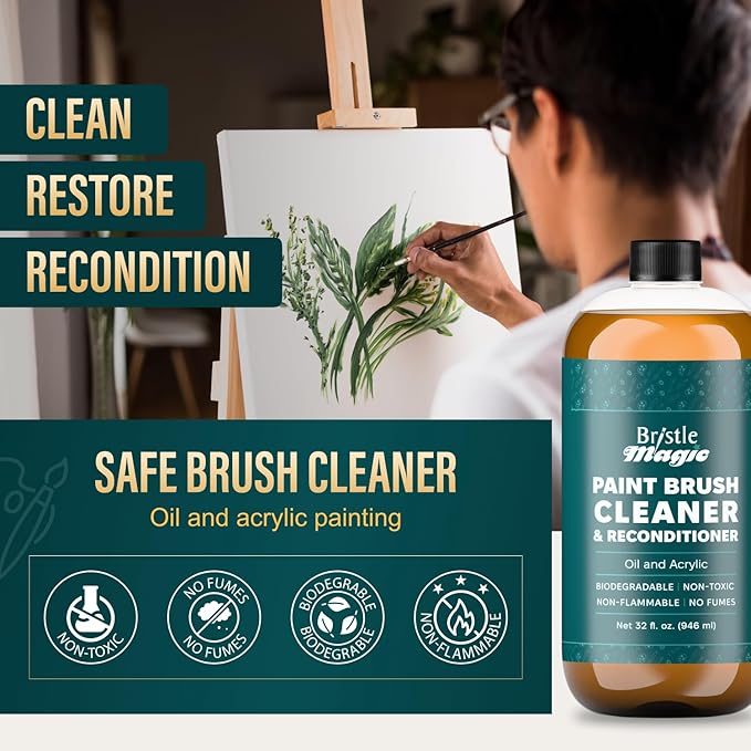 Oil Paint Brush Cleaner and Restorer-Paintbrush Cleaner for Acrylic, Oil, and Glass Paints-Biodegradable, Non-Toxic, Odorless, Eco-Friendly, Quick-Clean Formula Paint Remover (16 Fl Oz)