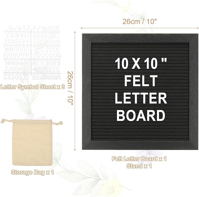 PATIKIL Felt Letter Board, 10x10Inches Black Wooden Changeable Message Board with Storage Bag Stand for Kitchen Menu Farmhouse Decor Notes, White Letter