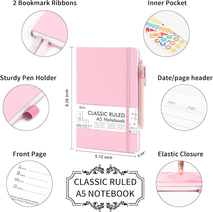 feela 5 Pack Notebooks Journals Bulk, Hardcover Notebook Classic Ruled Lined Journals with Pen Holder for Women Girls School Business Supplies, with 5 Black Pens, 120 GSM, 5.1”x8.3”, A5, Rose Pink