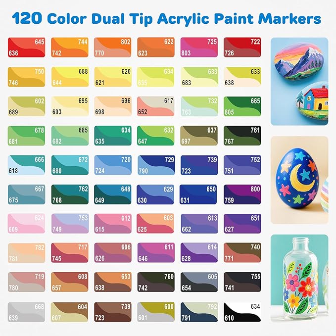 120 Colors Acrylic Paint Markers, Dual-Color Acrylic Paint Pens with 60 Brush Tips for Fabric Rock Wood Glass Paper DIY for Painting, Quick Drying, School Art Supplies for Adults Kids Drawing