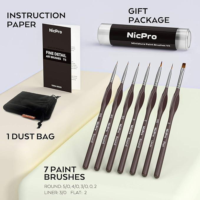 Nicpro 7 PCS Micro Fine Detail Paint Brush Set, Small Miniature Fine Tip Detail Brushes Kit for Acrylic Oil Watercolor, Models, Paint by Numbers, Miniature Painting, Craft, Rock Painting (Brown)