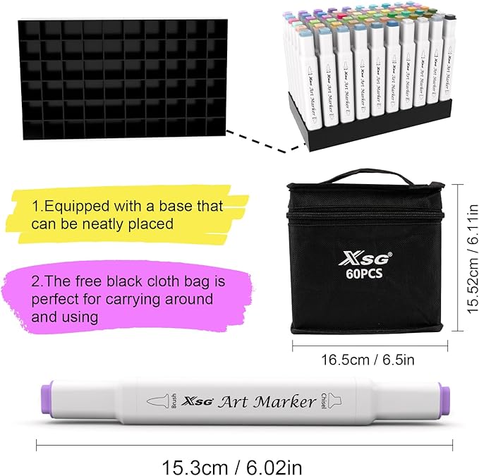 XSG Alcohol Markers,60 Colors Dual Tip Brush & Chisel Tip Art Marker Set,for Blending & Shading,Ideal for Coloring Books & Professional Artwork,Includes Blender Pen & Portable Case,Ideal for All Ages