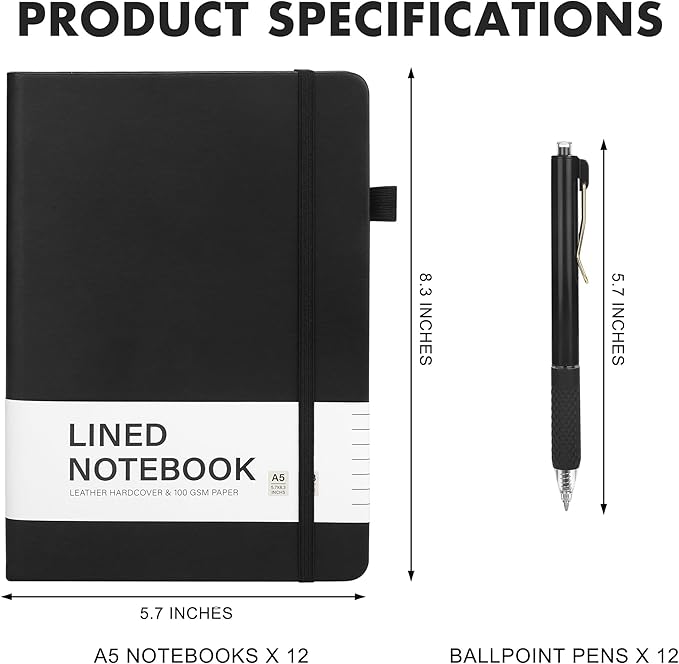 Aodaer 12 Set Lined Notebook Journals with Pens A5 Notebooks 100 GSM College Ruled Hardcover Notebook PU Leather Notepad with Pen Holder for Office School, 5.7 x 8.3 Inches, Black