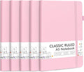 feela 5 Pack Notebooks Journals Bulk, Hardcover Notebook Classic Ruled Lined Journals with Pen Holder for Women Girls School Business Supplies, with 5 Black Pens, 120 GSM, 5.1”x8.3”, A5, Rose Pink