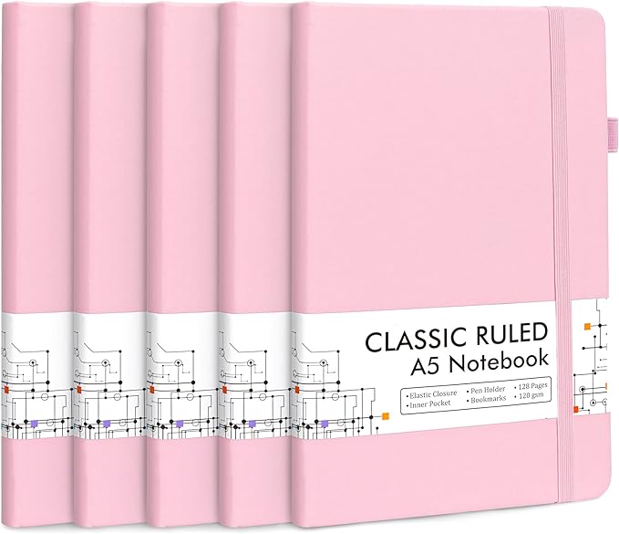 feela 5 Pack Notebooks Journals Bulk, Hardcover Notebook Classic Ruled Lined Journals with Pen Holder for Women Girls School Business Supplies, with 5 Black Pens, 120 GSM, 5.1”x8.3”, A5, Rose Pink