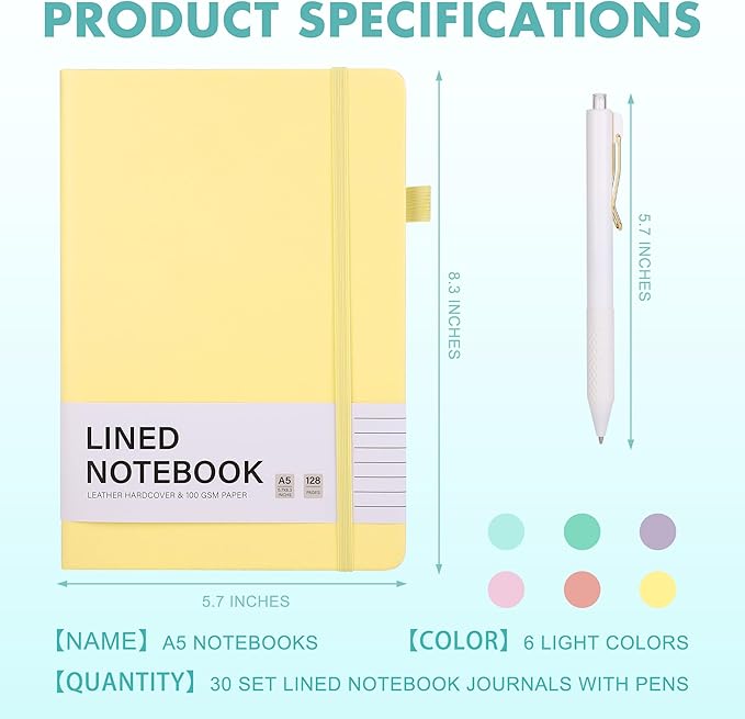Aodaer 30 Set Lined Notebook Journals with Pens A5 Notebooks 100 GSM College Ruled Hardcover Notebook PU Leather Notepad with Pen Holder for Office School, 5.7 x 8.3 Inches, Light Multicolor