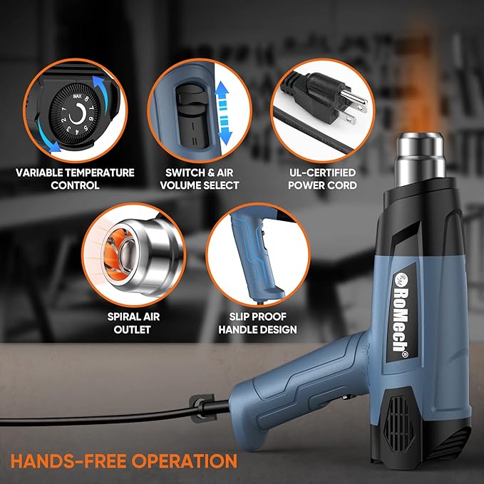 ROMECH 1500W Heavy Duty Heat Gun, Variable Temperature Control Hot Air Gun Kit with 2 Air Flow 120°F~1200°F and 4 Nozzles for Crafts Shrink Wrap (Blue)