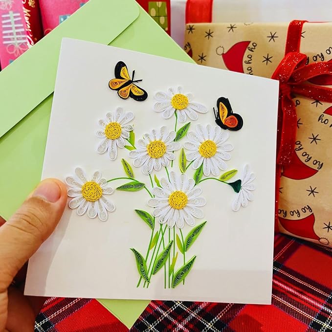 Quilling Cards, handmade card, quilled cards with Dedicated Paper Handmade Art for all occasions: Mother's day, Father's day, Birthday... daisy bouquet (With butterflies)