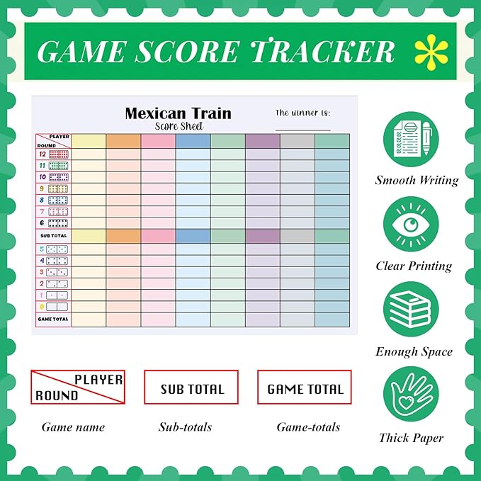 2 Pack 120 Sheets Mexican Train Score Pads Colorful Chicken Foot Dominoes Game Scorepad Adult Mexican Train Score Sheet Scoreboard Paper Record Clearly for Family Game (6.7 x 5 Inches)