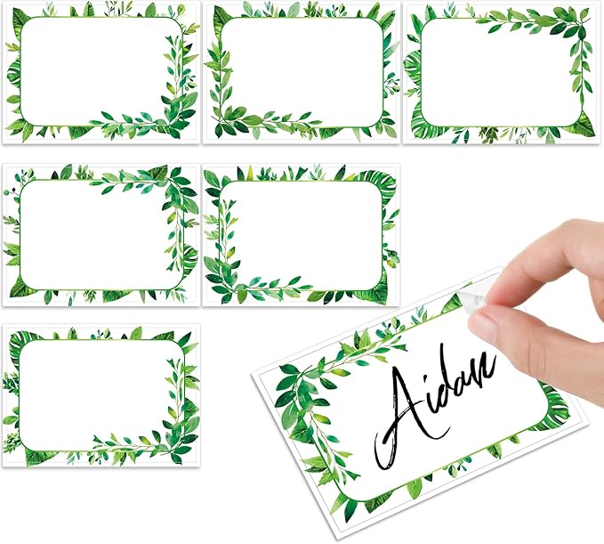 240 Pcs Greenery Name Tags Stickers Summer Green Leaves Border Tag Labels Party Name Tag Personalized Tags for Themed Party Office Home, 3.5 x 2.4, 6 Styles