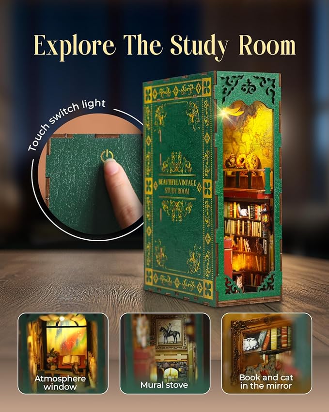 Book Nook Kit,Vintage Library Miniature House Kit for Teens and Adults with LED Lights,3D Wooden Puzzle Tiny House Booknook Bookend Bookshelf Decor Model Build.(Vintage Bookstore