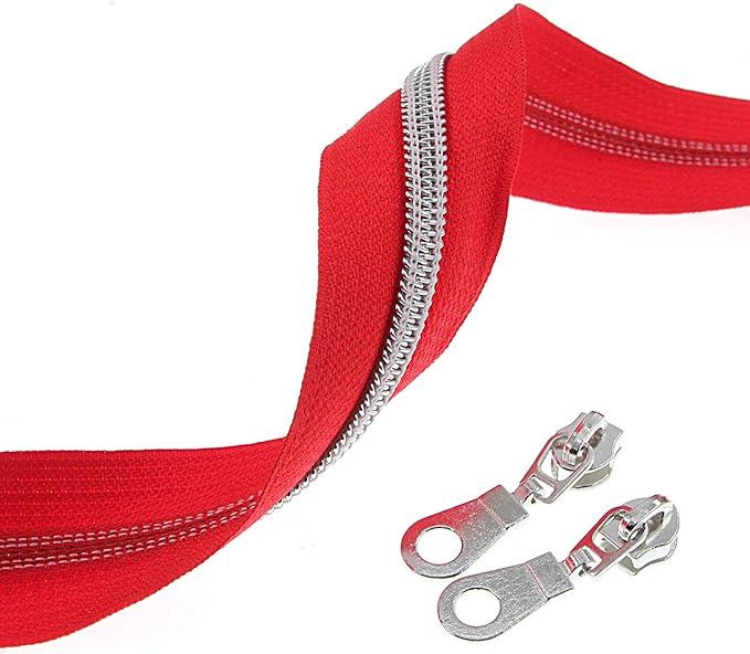 #5 Silver Metallic Nylon Coil Zippers by The Yard Bulk 10 Yards Red Tape with 25pcs Silver Sliders for DIY Sewing Tailor Craft Bag Leekayer(Red)