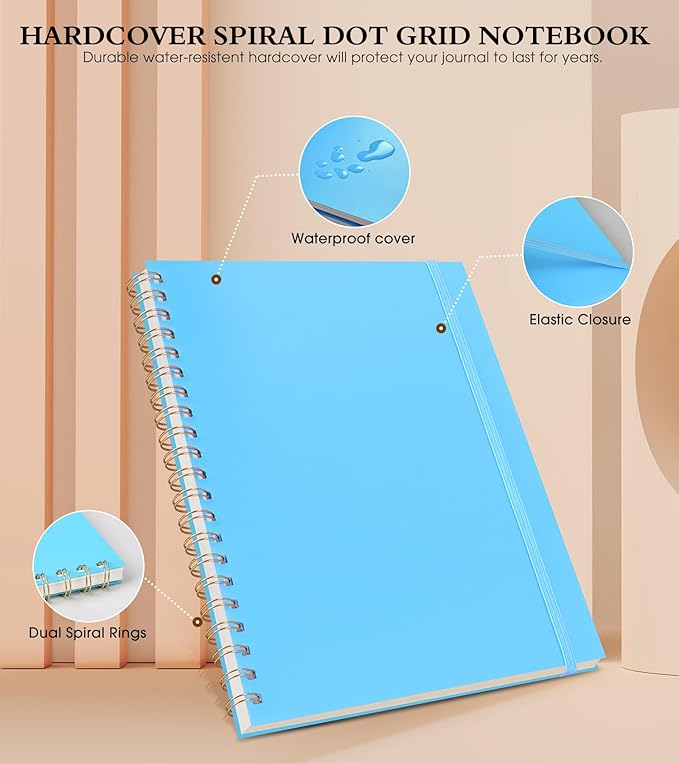 Dotted Notebook, Spiral Notebook Journal 8.5” x 11”, A4 Large Dot Grid Notebooks for Women Men, 100 GSM Dotted Paper, Plastic Hardcover Spiral Bullet Journals for Work School Sketching, Blue