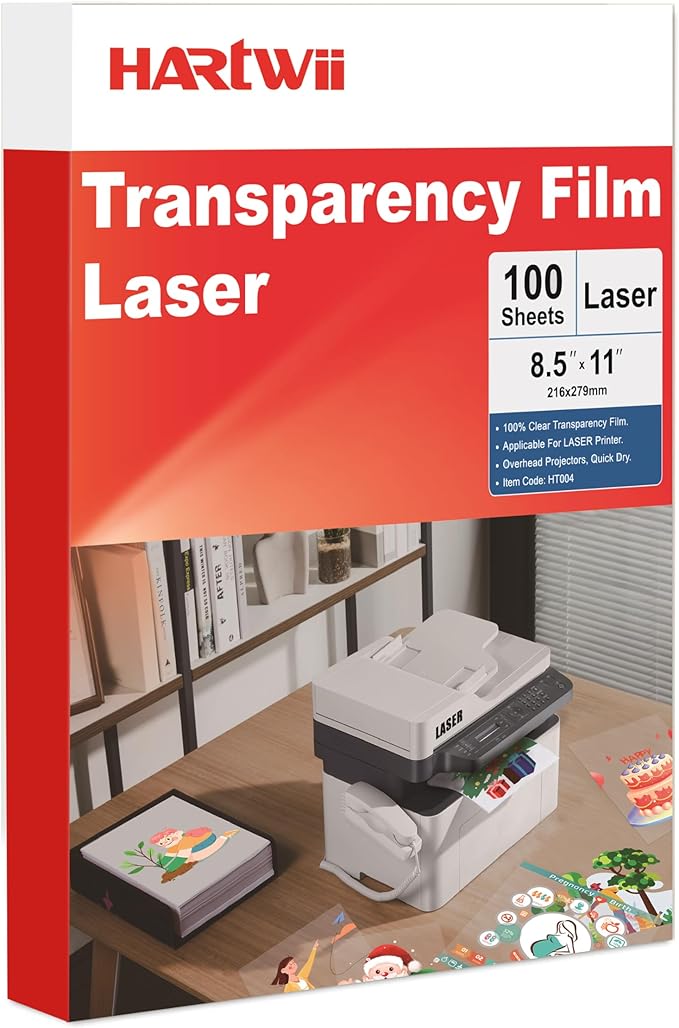 Laser Transparency Film,100 Sheets Overhead Projector Film for Laser Jet Printer,Letter Size 8.5x11"Color Transparent Paper for OHP Copier Photo Transparent Film,Office and School Supplies