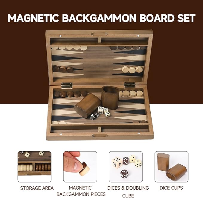 GSE Games & Sports Expert Premium Magnetic Wooden Folding Inlay Backgammon Board Game Set, Portable Travel Board Game (Double Stripe- 11 Inches)