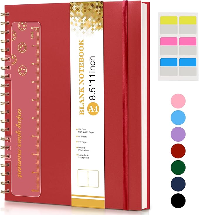 Blank Spiral Notebook Journal 8.5” x 11”, A4 Large Sketch Book for Women Men, 100 GSM Blank Paper Drawing Notebook, Plastic Hardcover Spiral Bound Sketchbook for Sketching Work School Writing, Red