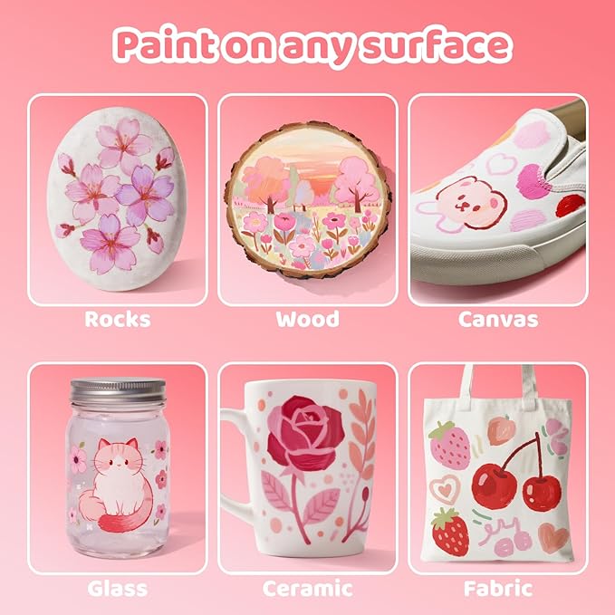 Guangna 12 Pink Skin Series Acrylic Paint Markers Set, Brush Tip Acrylic Paint Pens for Rock Painting, Wood, Glass, Paper, Coloring Book, Ceramic, Canvas, DIY Crafts, Water-Based Ink