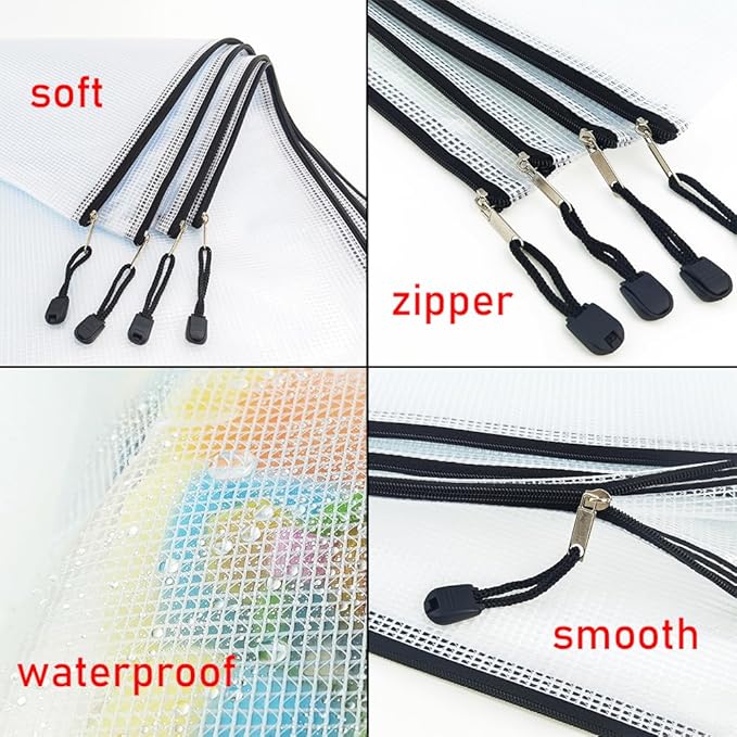 AUSTARK 10 Pcs Zipper File Bags, Waterproof Plastic Mesh Pouch for Office School, Board Game Storage Bags (B6 Size 7.6''x5.3'', White and Black)