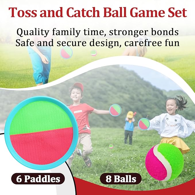 Toss and Catch Ball Game Set with 6 Paddles 8 Balls, Outdoor Beach Toys for Kids and Family, Great Gift Idea