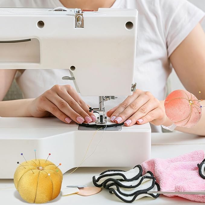 HARFINGTON Wrist Pin Cushion Wristband Sewing Pincushion Polyester Pin Holder Wearable Pumpkin Shaped Needles Wristband for Sewing Quilting Needlework DIY Crafts, Blue