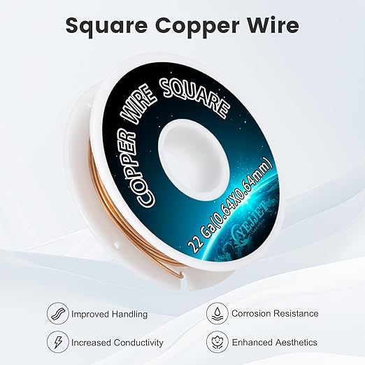 22 Gauge Copper Wire Square - 0.64mm Dead Soft Jewelry Wire, 50 Feet - Pure Copper Craft Wire for Jewelry Making, Wrapping, Beading, DIY Projects