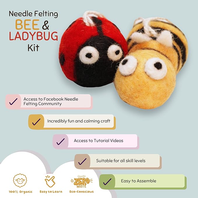 Woolbuddy Needle Felting Kit for Beginners Adults, Bee and Ladybug Animal Craft Set, Includes Materials, Tools, and Instructions for DIY Hobbyists