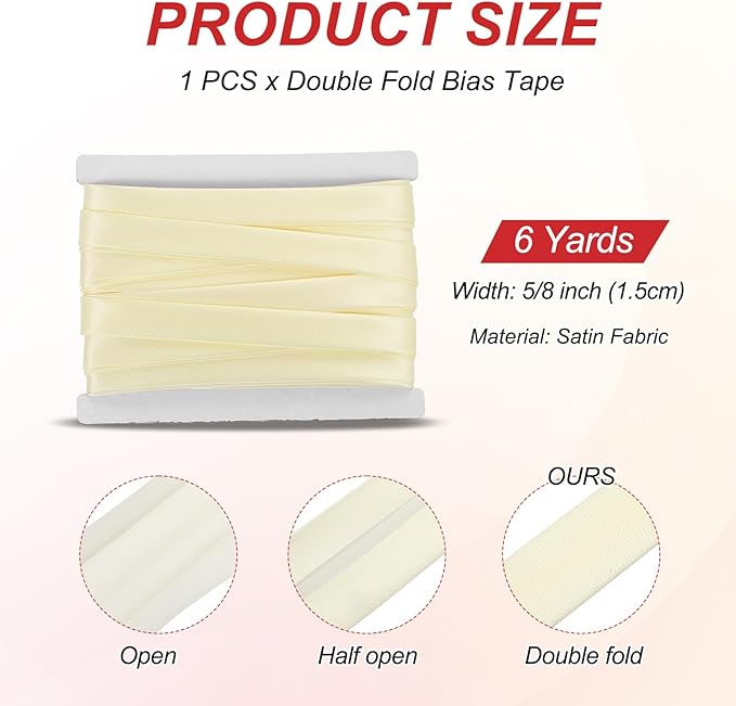MECCANIXITY Double Fold Bias Tape for Sewing 5/8 Inch x 6 Yards Satin Pre-fold Continuous Binding Tape for Seaming Quilting Hemming Binding DIY Crafts, Beige White