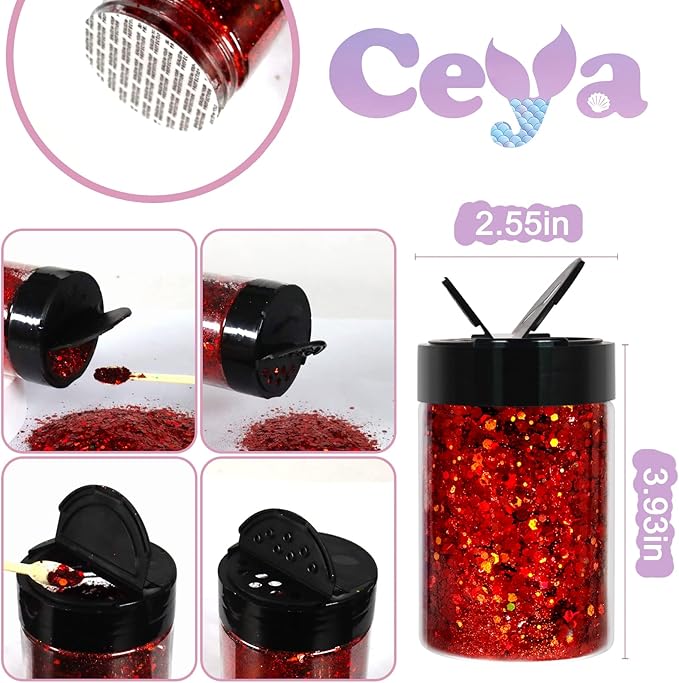 Ceya Holographic Chunky Glitter 4.9oz/ 140g Red Glitter Craft Roses Glitter Powder Mixed Chunky Flakes Iridescent Nail Sequins for Nail Art,Hair,Epoxy Resin,Tumbler,Slime,Painting,Festival Decor