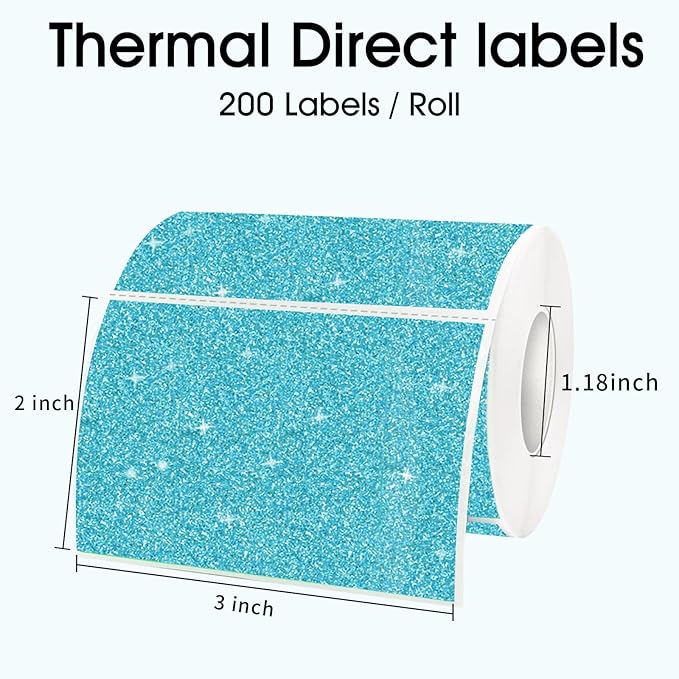3x2 Inch Holographic Thermal Labels, Glitter Blue Thermal Sticker Labels, Waterproof Thermal Printer Stickers for Price, Barcode, Name, Custom Logo Design, 200 Pcs/Roll