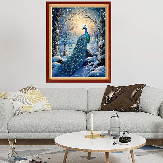Dimxvean Stamped Cross Stitch Kits,Cross Stitch Kits for Adults Beginners,Embroidery Kits Full Range of Cross Stitch Stamped Kits Needlepoint Kits Cross Stitch Patterns-Blue Peacock Snow 16x20 inch