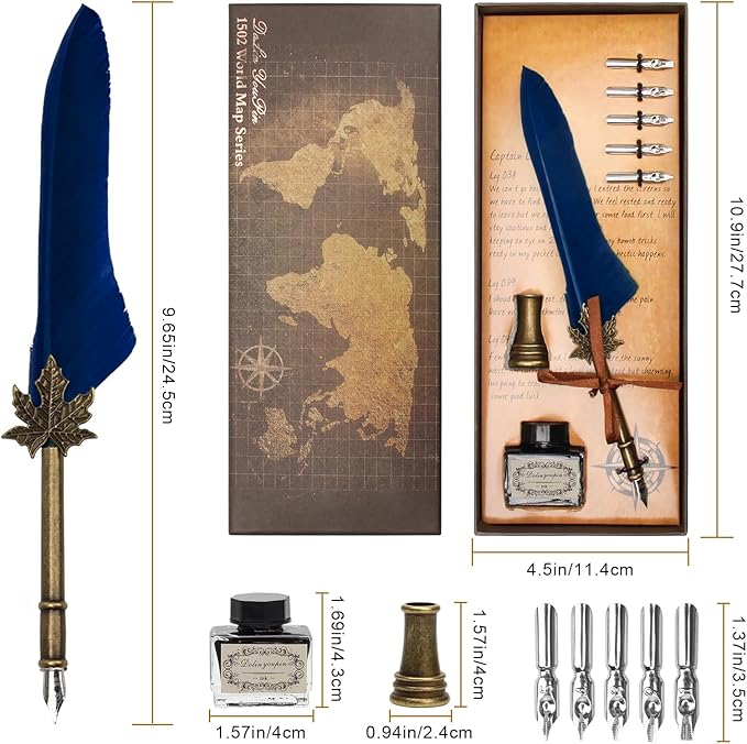 AHIER Quill Pen and Ink Set, Feather Pen Quill Pen Set Includes 5 Steel Replacement Nibs,Pen Nib Base and Dip Ink Bottle for Antique Calligraphy (Blue)
