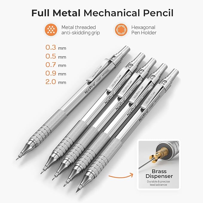 Nicpro Metal Mechanical Pencil Set, 5 PCS Art Drafting Pencils 0.3, 0.5, 0.7, 0.9 mm & 2mm Graphite Lead Holder For Sketching Drawing With 9 Tubes (4B 2B HB 2H Colors) Lead Refills Erasers Case