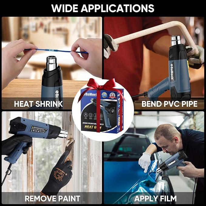 ROMECH 1500W Heavy Duty Heat Gun, Variable Temperature Control Hot Air Gun Kit with 2 Air Flow 120°F~1200°F and 4 Nozzles for Crafts Shrink Wrap (Blue)
