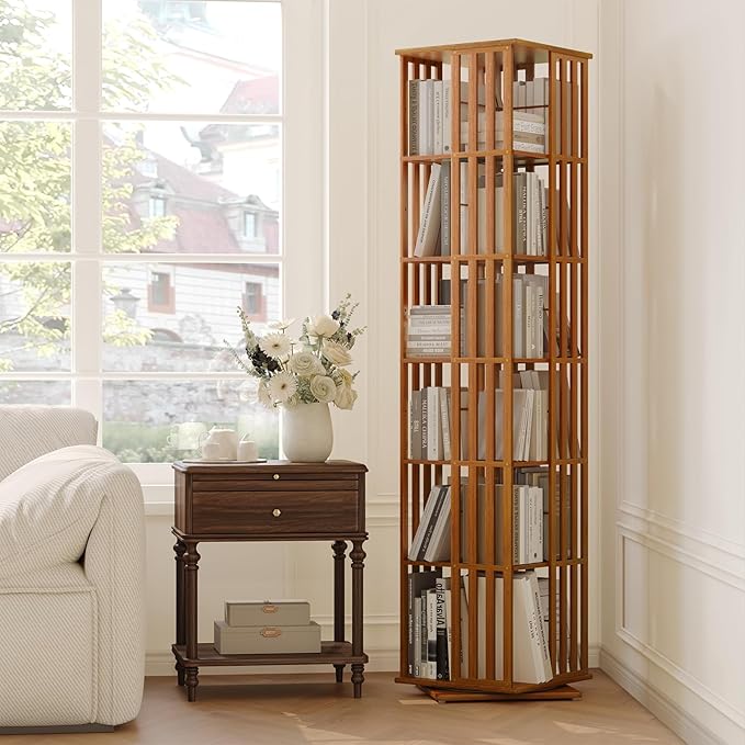 YOWOS Rotating Bookshelf Tower, 360 Display Spinning Bookcase, Bamboo Bookshelf Floor Standing Storage Rack, Wood Narrow Book Shelf Organizer for Kids&Adults, Walnut 6 Tier