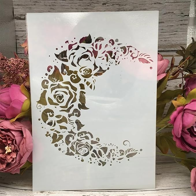 TIAMECH A4 Reusable Moon Flower Stencil for Painting - Rose Crescent Layering Template, DIY Wall Art, Wood Furniture, Scrapbook & Crafts (8.3x11.7inch)