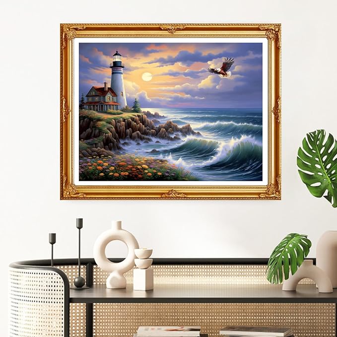 Redxing Stamped Cross Stitch Kits Full Range of Embroidery Starter Kits- Needlepoint Counted Cross Stitch Kits for Beginner Adults 11CT Printed Embroidery Kit-Seaside Lighthouse 16x20 inch