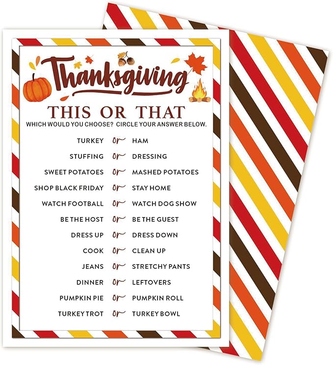 Thanksgiving Party Icebreaker Games Cards - Thanksgiving This or That Game Cards for 30 Guests, Turkey Dinner Party Activity for Teens Adults Party Favor and Supplies, 5 x 7 inches