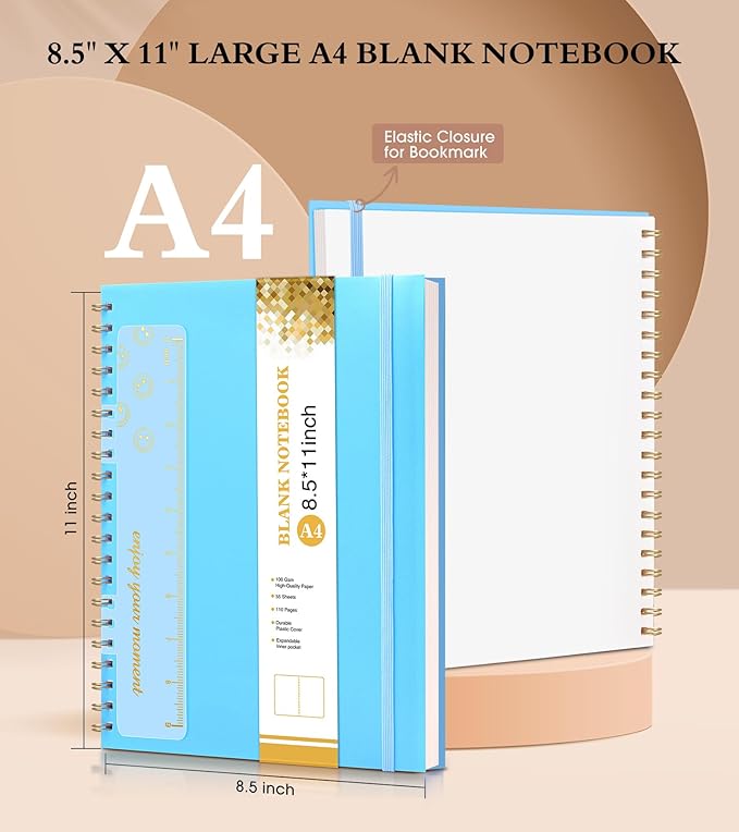Blank Spiral Notebook Journal 8.5” x 11”, A4 Large Sketch Book for Women Men, 100 GSM Blank Paper Drawing Notebook, Plastic Hardcover Spiral Bound Sketchbook for Sketching Work School Writing, Blue
